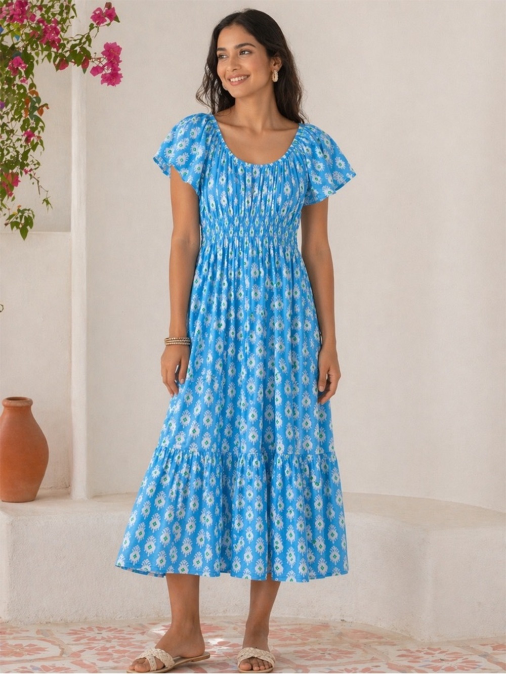RARE! Pink City Prints - Smocked Midi Dress - Blue Ikat Floral